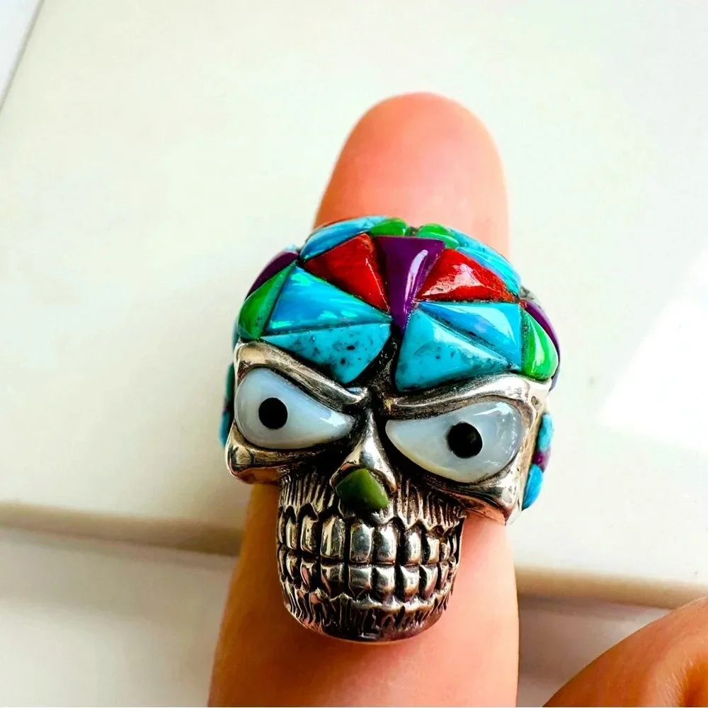 Handmade Sterling Silver & Multi Stone Inlay Skull/Biker/Rocker Ring Size 9.5